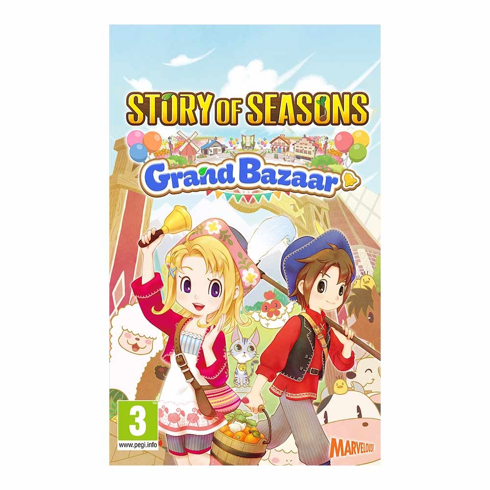 Colorful game cover featuring two animated characters, a girl in a pink dress and a boy in a blue shirt, holding a bell and a basket, with a vibrant bazaar backdrop.