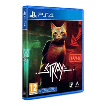 Cover art features a stylized orange cat in a neon-lit alley, with the title "STRAY" prominently displayed in white lettering on a blue PlayStation 4 case.