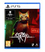 Blue PS5 game case featuring "Stray" title, with a prominent orange cat against a neon-lit background, showcasing vibrant colors and stylized graphics.