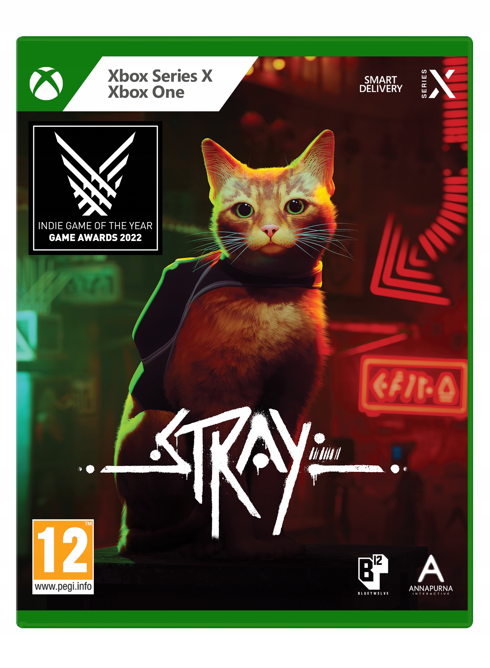 Cover of "Stray" for Xbox Series X, featuring a vibrant orange cat in a neon-lit urban setting, with bold white text and game award badges prominently displayed.