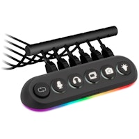 Black 5-port USB hub with RGB lighting, featuring five circular buttons for device control, and a sleek design with a curved bottom edge for easy cable management.