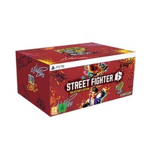 Red collector's edition box for Street Fighter 6, featuring vibrant artwork, character designs, and the PlayStation 5 logo, with a glossy finish and colorful graphics.