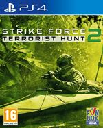 Cover art for "Strike Force 2: Terrorist Hunt" featuring a soldier in camouflage on a kayak, set against a green jungle background, with the PS4 logo and age rating prominently displayed.