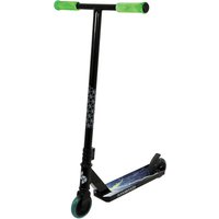 Black stunt scooter with green grips, glow-in-the-dark deck, and green front wheel.
