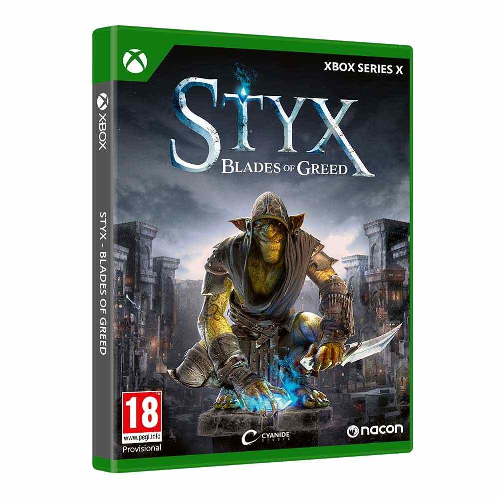 Green Xbox Series X game case featuring "Styx: Blades of Greed" with a stylized goblin character in a hood, set against a dark, medieval cityscape background.