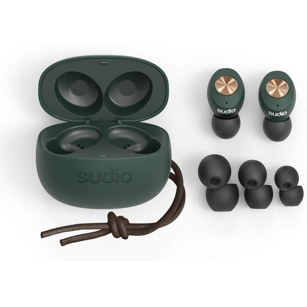Sudio B3 earbuds in dark green charging case with a brown cord, featuring gold accents and multiple ear tips for a customizable fit.