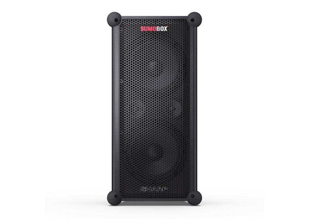 Black Sharp CPLS100 speaker featuring a perforated grille, rounded corners, and a compact design, labeled "SUMOBOX" at the top.