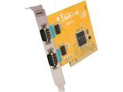 Yellow printed circuit board with two serial ports, a black chip, and a silver metal bracket for installation, labeled with "SUNIX Group SER5037A."