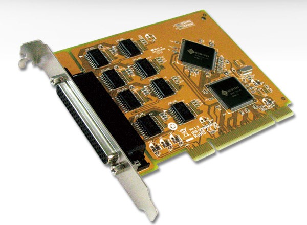 SUNIX Group SER5066A interface card featuring a brown circuit board, multiple black chips, and a metal connector, designed for expanding computer connectivity.