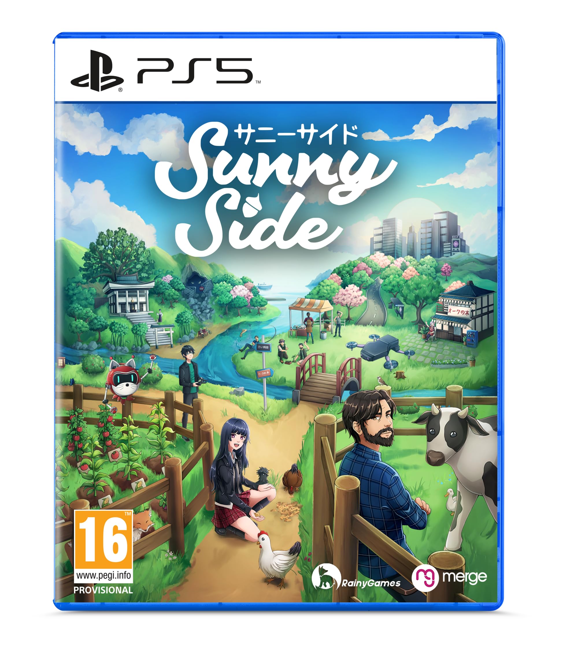 Colorful game cover for "SunnySide" on PS5 by MERGE GAMES, featuring a serene landscape with characters, animals, and vibrant greenery, along with Japanese text and age rating.