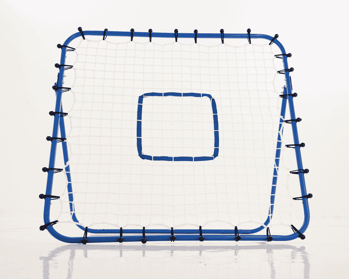 Blue and black BEX Cricket Rebounder net with a square target in the center, featuring a sturdy frame and a durable netting design for training purposes.