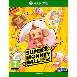 Bright yellow game cover featuring cartoon monkeys, bananas, and vibrant characters, with "Super Monkey Ball Banana Blitz HD" prominently displayed at the center.