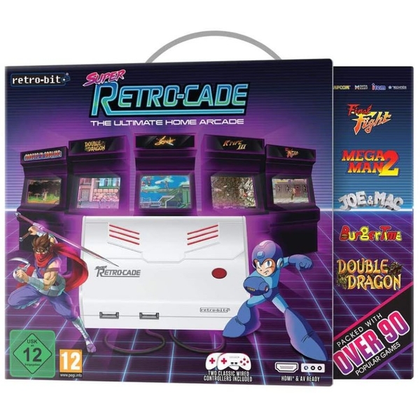 White gaming console box with a retro design, featuring colorful game titles like Mega Man 2 and Double Dragon, and a handle for easy carrying.