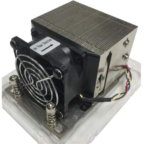 Silver and black Supermicro SNK-P0063AP4 air cooler features a rectangular heatsink with a fan, metal base, and four mounting screws, designed for efficient processor cooling.