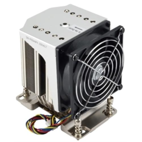4U active CPU heatsink with a silver and black design, featuring a metal body, multiple heat pipes, and a black fan with a protective grille, mounted on metal brackets.
