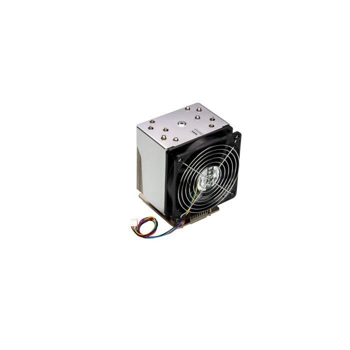 Silver and black Supermicro SNK-P0093AP4 processor heatsink with a square design, featuring a metal base, multiple mounting holes, and a cooling fan with a protective grille.