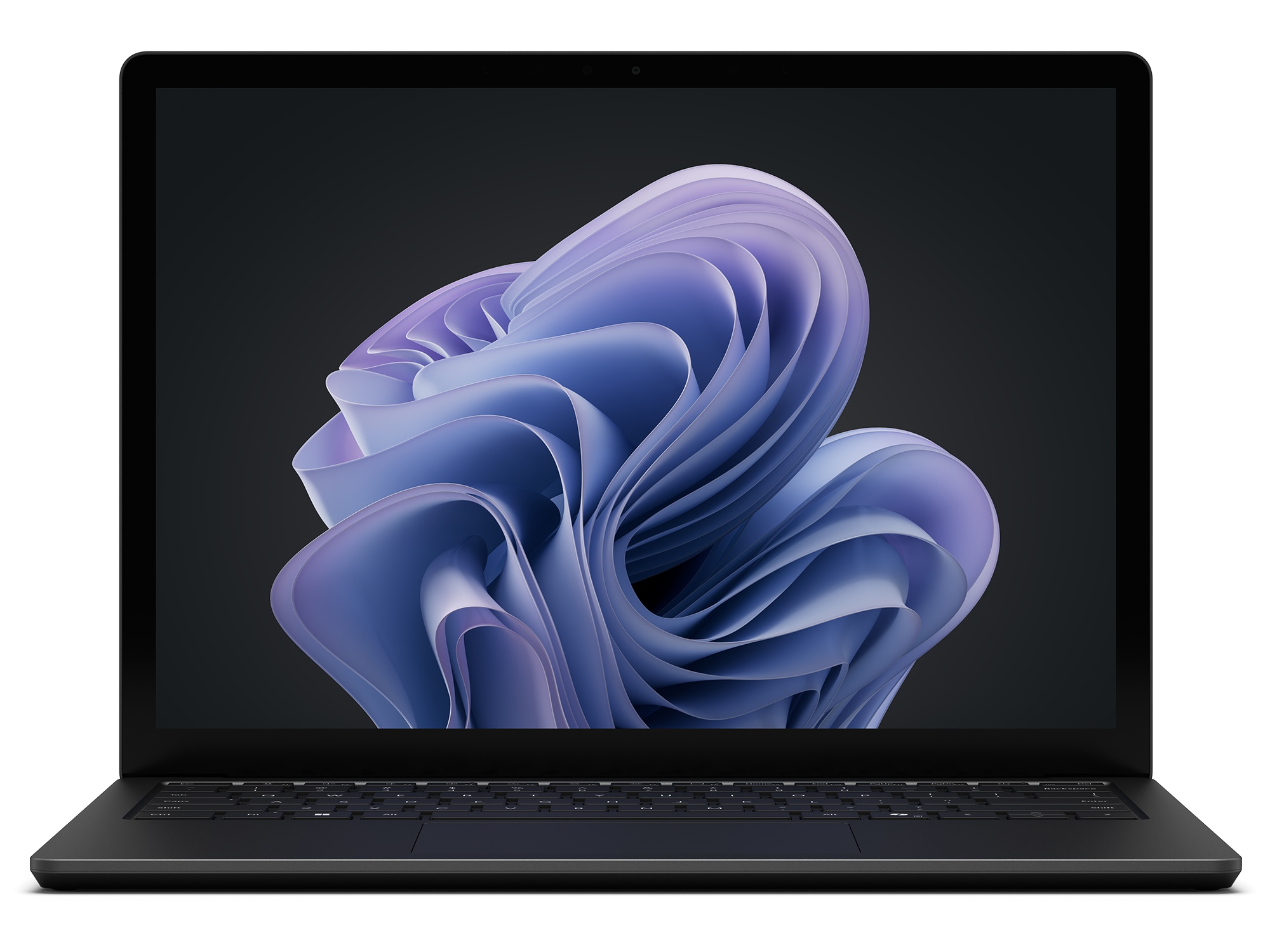 Sleek black Microsoft Surface Laptop 6 with a 13.5" touchscreen display, showcasing a vibrant abstract design, featuring a modern keyboard and slim profile.