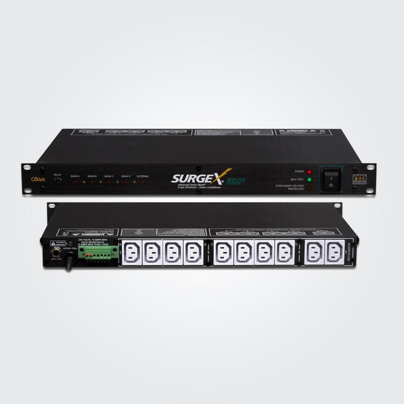 Black metal surge protector with eight AC outlets, power switch, and indicator lights, featuring a sleek, rack-mountable design for professional audio and video setups.
