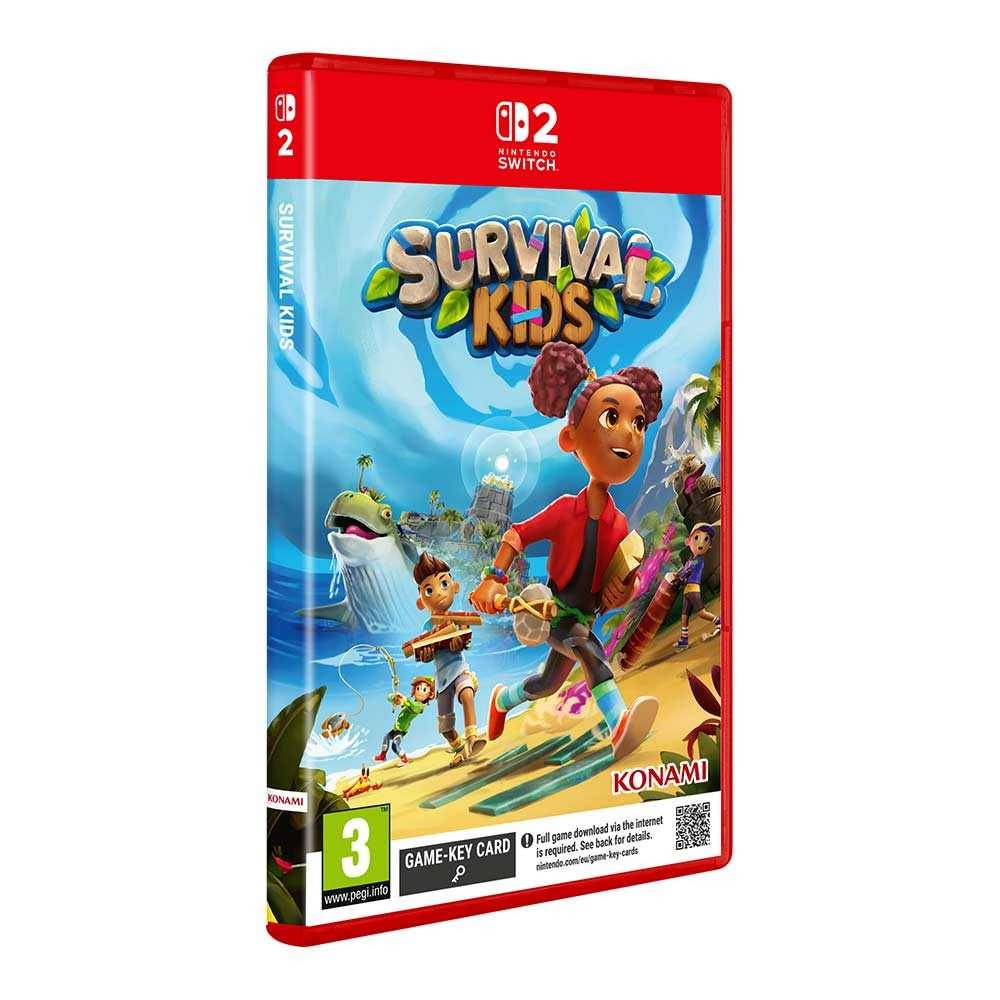 Red game case for "Survival Kids - Switch 2" featuring colorful cartoon characters on a beach, with a logo and age rating prominently displayed on the front.