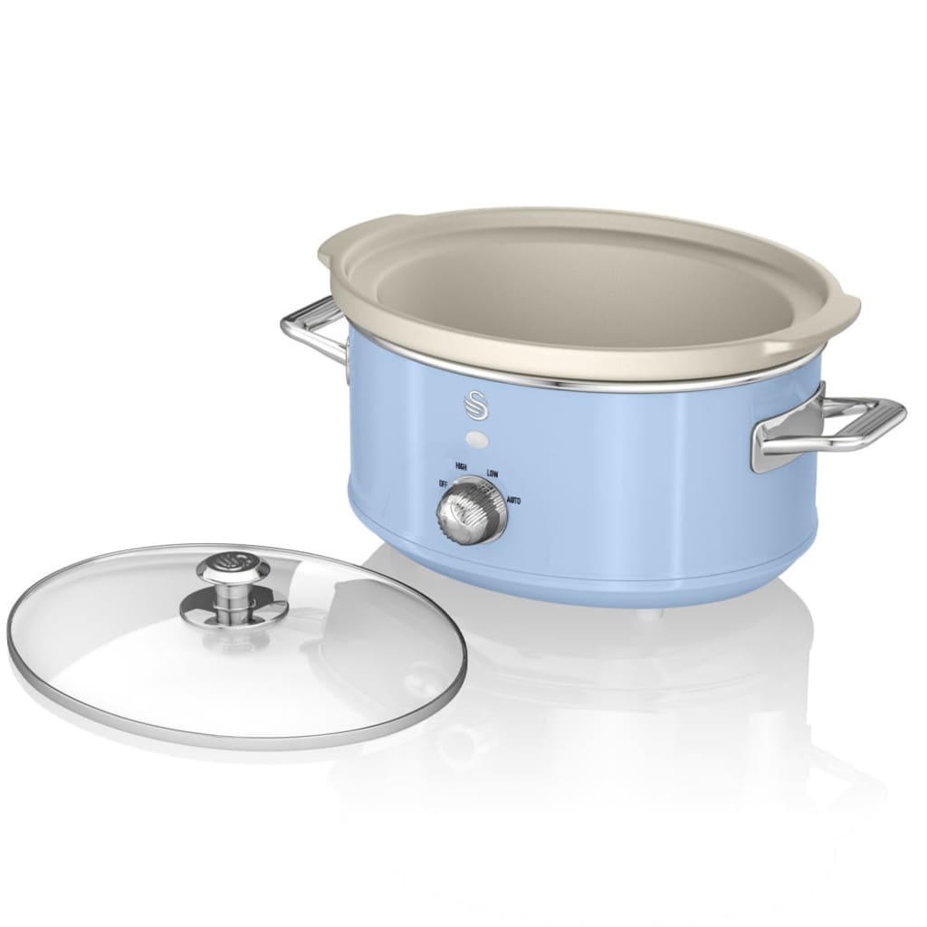 Light blue retro-style 3.5L slow cooker with a cream-colored ceramic inner pot, stainless steel handles, and a dial for temperature control, topped with a transparent glass lid.