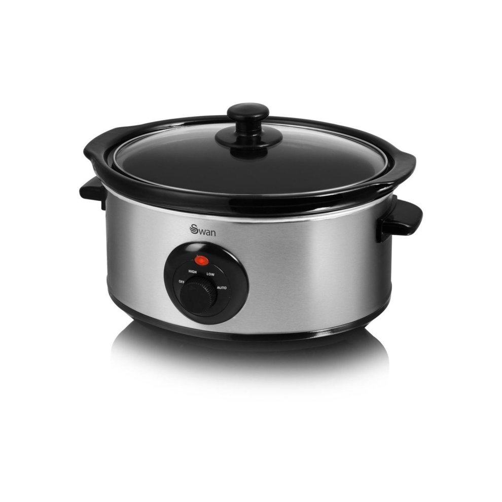 Swan 6.5 litre stainless steel slow cooker with a black lid, control dial, and handles, featuring a sleek, modern design and a polished finish.