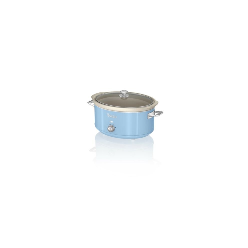 Light blue retro-style 6.5L slow cooker with a glass lid, silver handles, and a simple dial for temperature control, featuring a glossy finish.