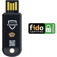 Black Swissbit iShield Key 1.1 Pro USB-A with yellow contacts, FIDO certified logo, and QR code on the front.