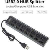Black 7-port USB2.0 hub with individual switches, USB cable attached, for PC and laptop connectivity.