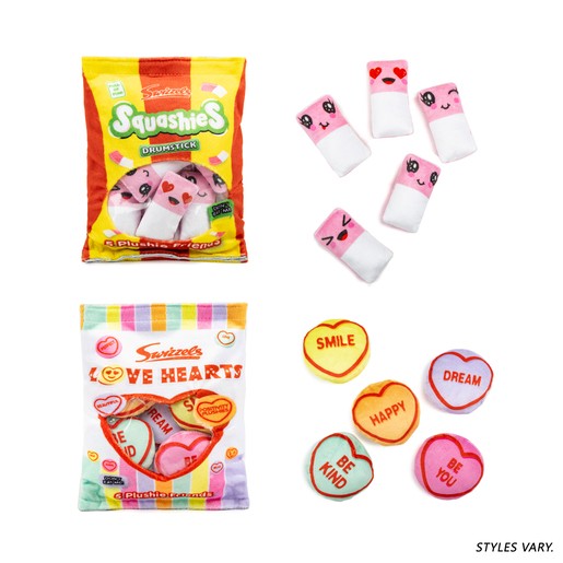 Colorful plush fidget toys resembling Swizzels sweets, including pink and white candy shapes with various facial expressions, packaged in vibrant bags labeled "Squashies" and "Love Hearts."