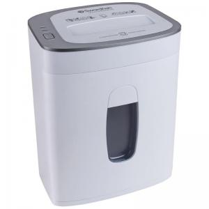 White micro-cut shredder with a sleek design, featuring a silver top, a transparent waste bin, and a capacity to shred up to 8 sheets at once.