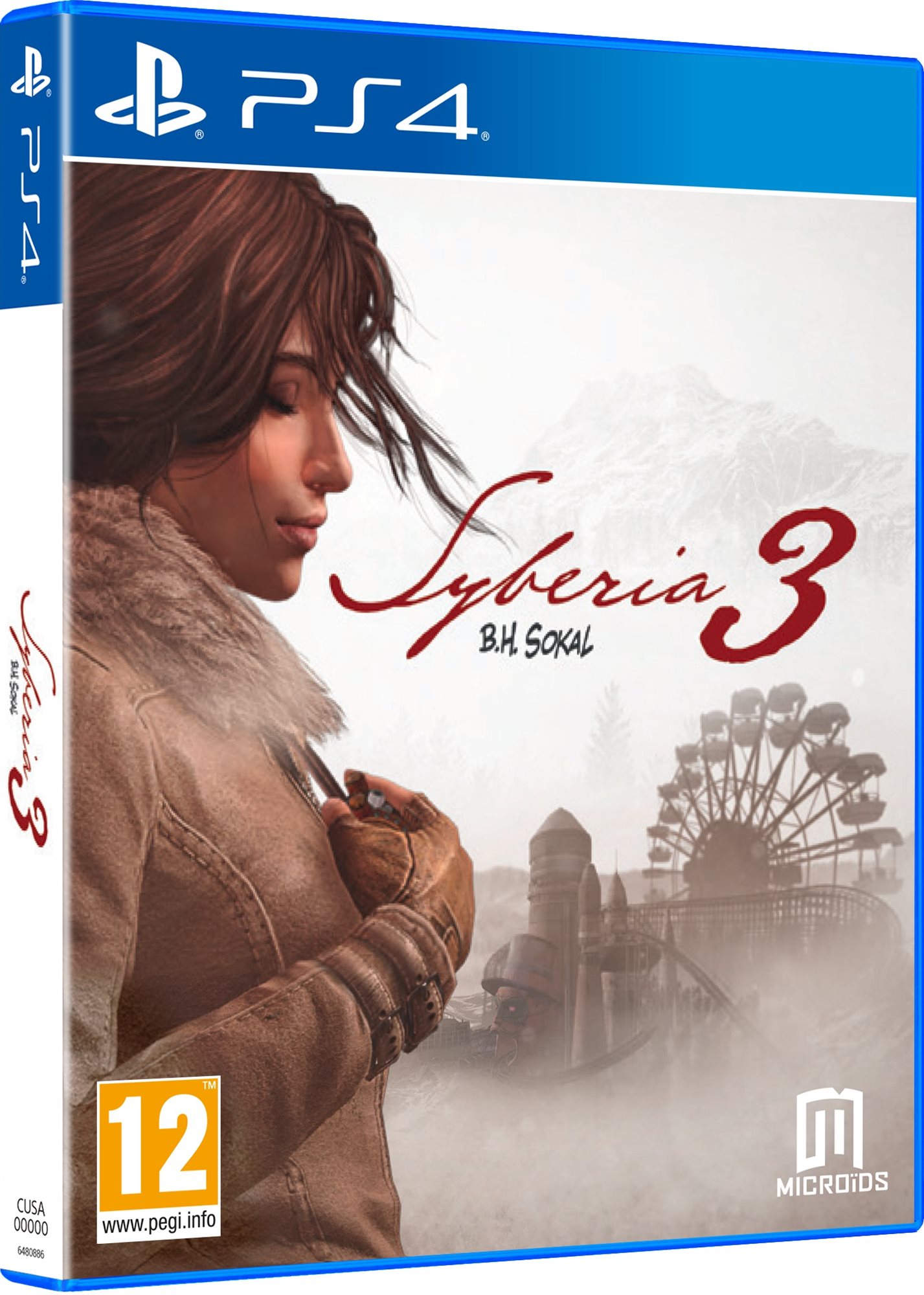 The PS4 game cover for "Syberia 3" features a woman with long brown hair, wearing a fur-lined coat, set against a snowy landscape with a ferris wheel in the background.