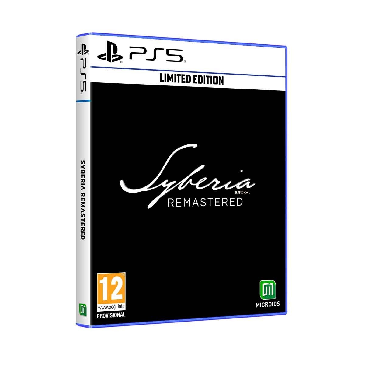 Black PS5 game case featuring "Syberia Remastered" in elegant white script, with "LIMITED EDITION" and a PEGI 12 rating in orange at the bottom.