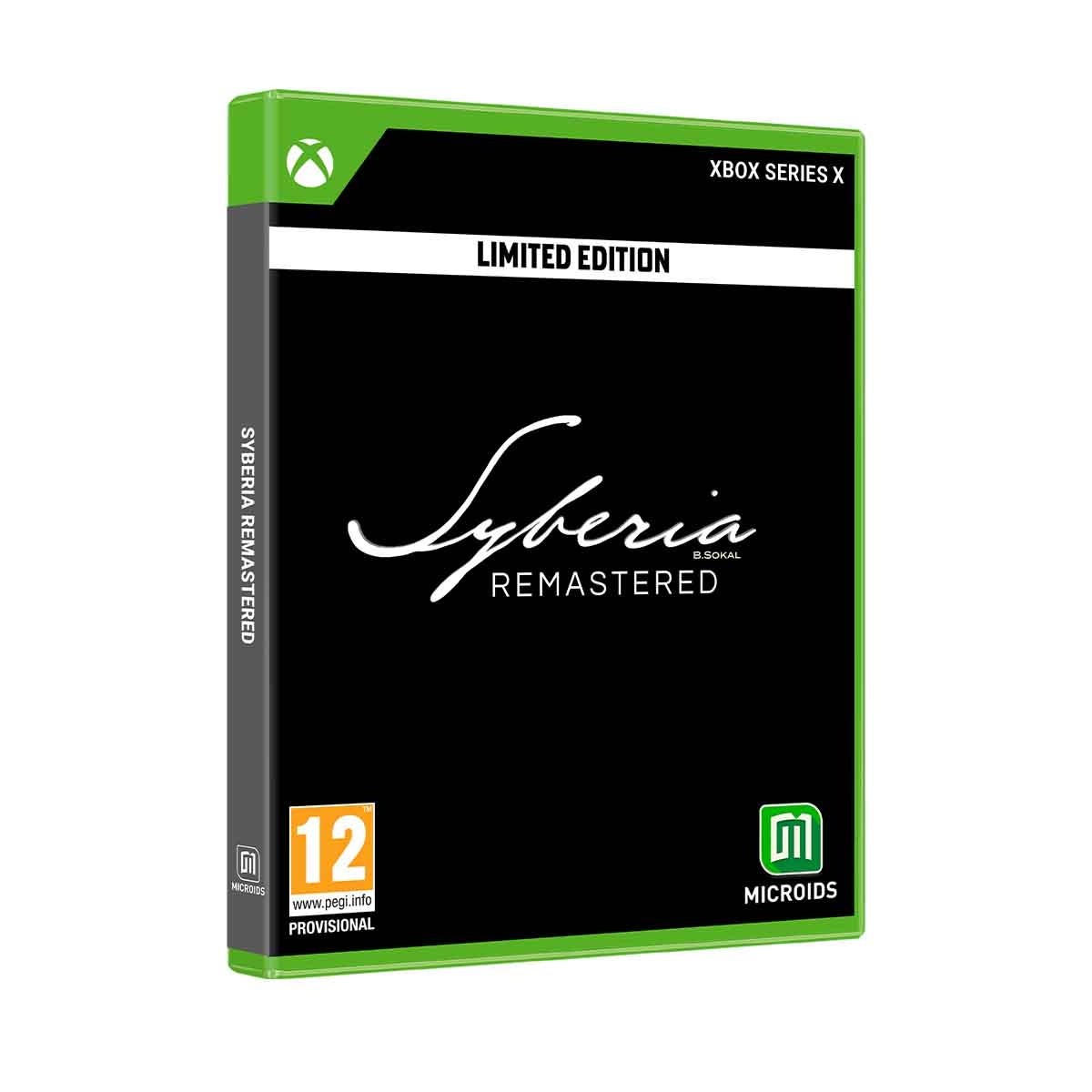 Syberia Remastered Limited Edition for Xbox Series X features a green case with a sleek design, showcasing the game's title in elegant white script and a 12+ age rating.