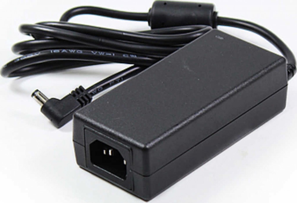 Black Synology 60W power adapter with a rectangular body, featuring a power input socket and a coiled black cable for indoor use.