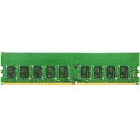 Green Synology DDR4 ECC memory module with black chips, 16 GB capacity, gold connector edge.