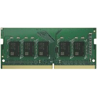 Green Synology D4ES03-8G memory module with black chips, 8 GB DDR4 ECC, gold contact edge.