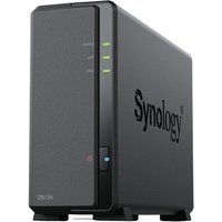 Black Synology DiskStation DS124 NAS with LED indicators, Realtek RTD1619B, 1 GB DDR4, 4 TB HDD, sleek rectangular design.