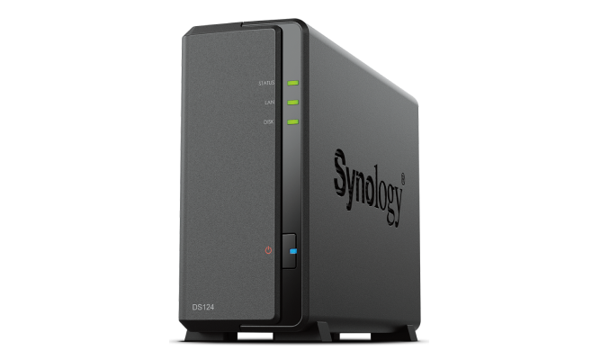 Black Synology DiskStation DS124 NAS with a sleek design, featuring LED indicators for status, LAN, and disk activity, and a power button on the front.