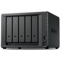 Black Synology DiskStation DS1525+ NAS with five drive bays, LED indicators, front USB port, and power button.