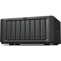 Black Synology DiskStation DS1823XS+ NAS server with eight drive bays, compact tower design, and sleek front panel.