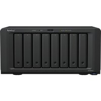 Black Synology DiskStation DS1823xs+ NAS tower with eight drive bays, Ryzen logo, and front control panel.