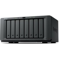 Black Synology DiskStation DS1825+ NAS with 8 drive bays, Ryzen Embedded V1500B, 8 GB DDR4, sleek rectangular design.