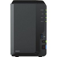 Black Synology DiskStation DS223 NAS Mini Tower with LED indicators, USB port, and power button on front panel.