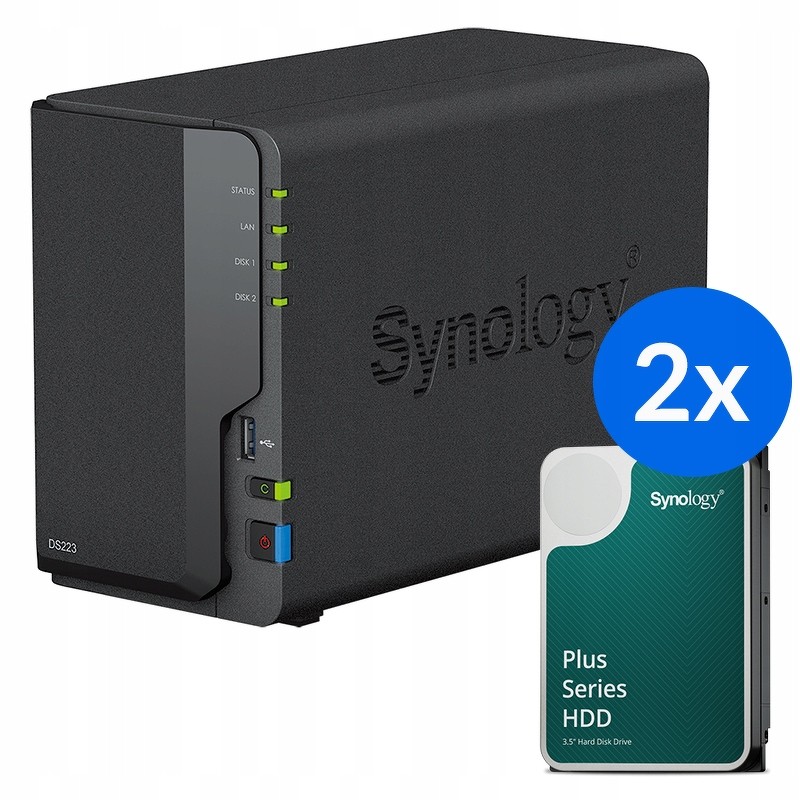 Black Synology DiskStation DS223 NAS Mini Tower with Realtek RTD1619B processor, featuring LED status indicators, USB ports, and a sleek design, accompanied by two Synology Plus Series HDDs.