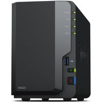 Black Synology DiskStation DS223 NAS with LED indicators, USB port, and power button on front panel.