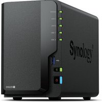 Black Synology DiskStation DS225+ 2 Bay NAS with LED indicators and front USB port.
