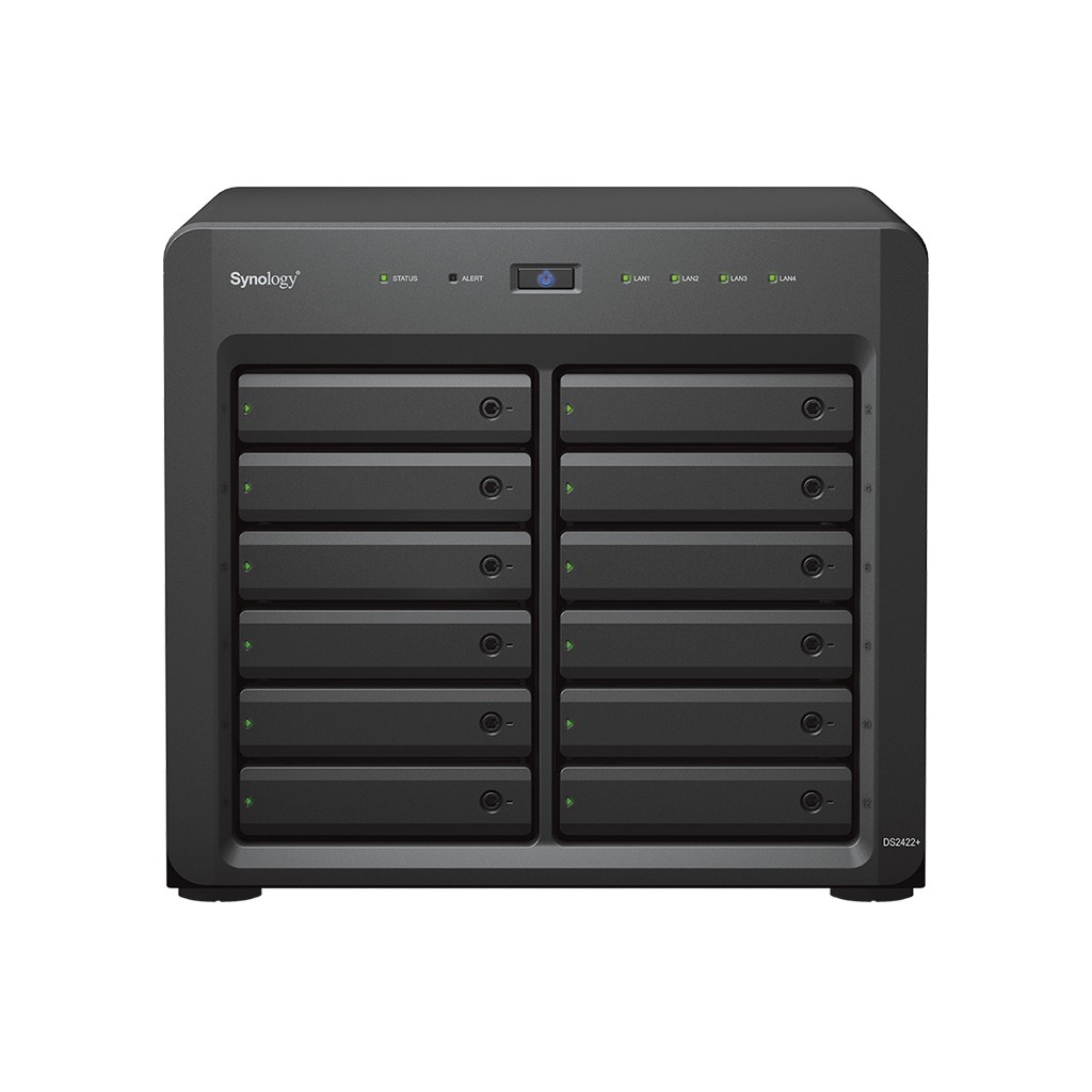Black Synology DiskStation DS2422+ NAS with a sleek design, featuring 12 drive bays, LED indicators, and a power button on the front panel.