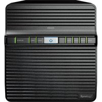 Black Synology DiskStation DS423 NAS with horizontal grooves, power button, and status LEDs on the front panel.