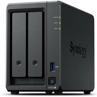 Black Synology DiskStation DS725+ NAS with dual drive bays, LED indicators, and front USB port.