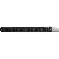 Black and grey Synology FS2500 NAS server, 1U rackmount, Ryzen V1780B, 8GB DDR4, sleek front panel design.